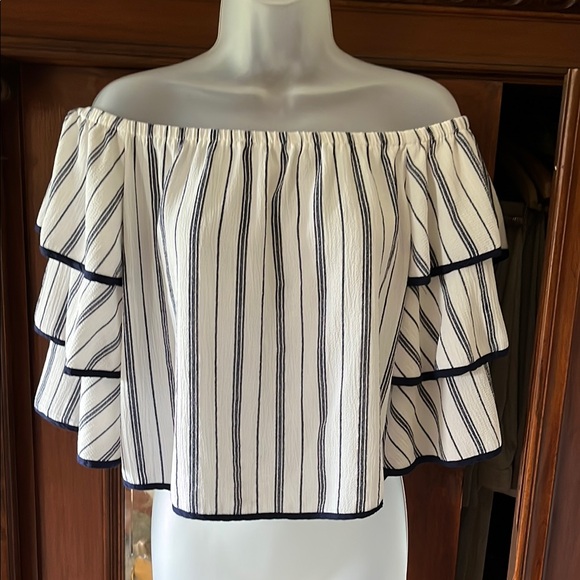 A. calin Tops - White and Black Ruffled Off-Shoulder Crop Blouse
